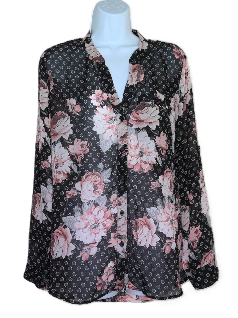 Kut From The Kloth Semi Sheer Floral Blouse Flowy Black White Rose Cottagecore M